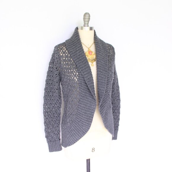 VINCE Alpaca Cashmere wool gray crochet cacoon open cardigan sweater macrame M - Picture 6 of 10